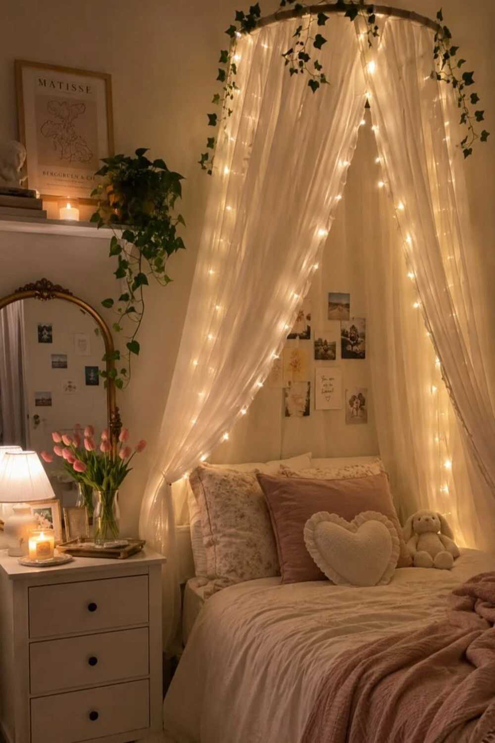 Dreamy Bedroom with Fabric Canopy and Fairy Light Accents — Christmas Fairy Lights Headboard