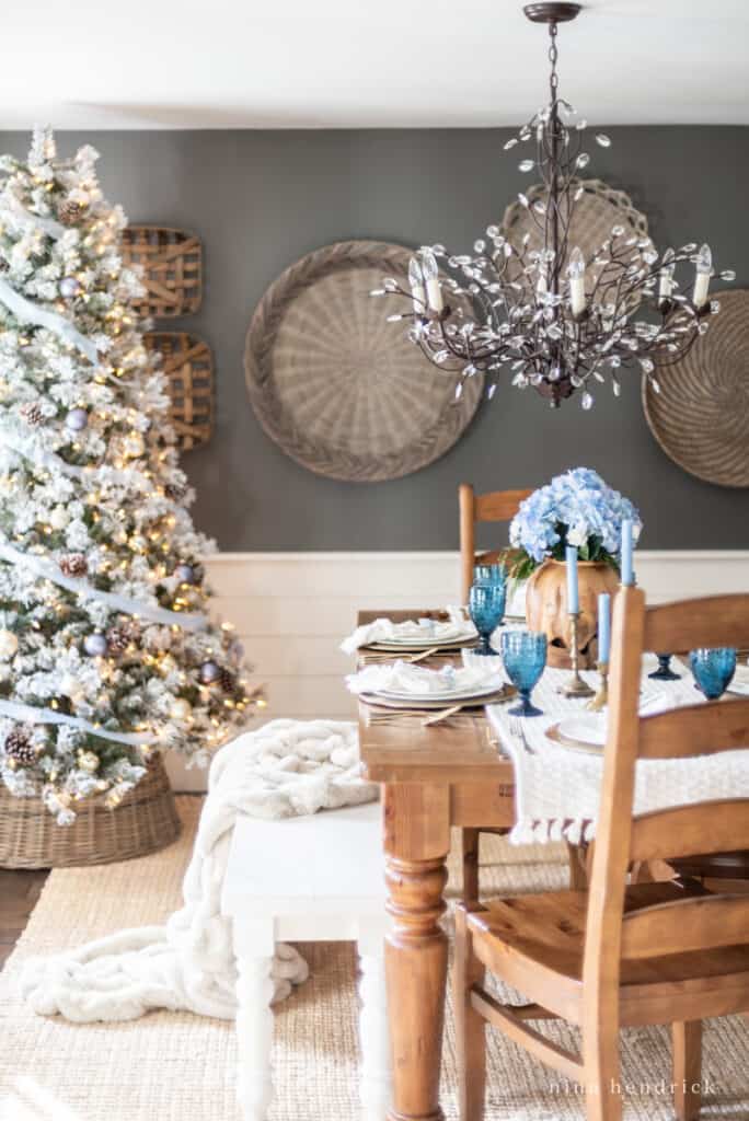 Farmhouse Dining Table Set with Blue Glassware — Blue Christmas Decor