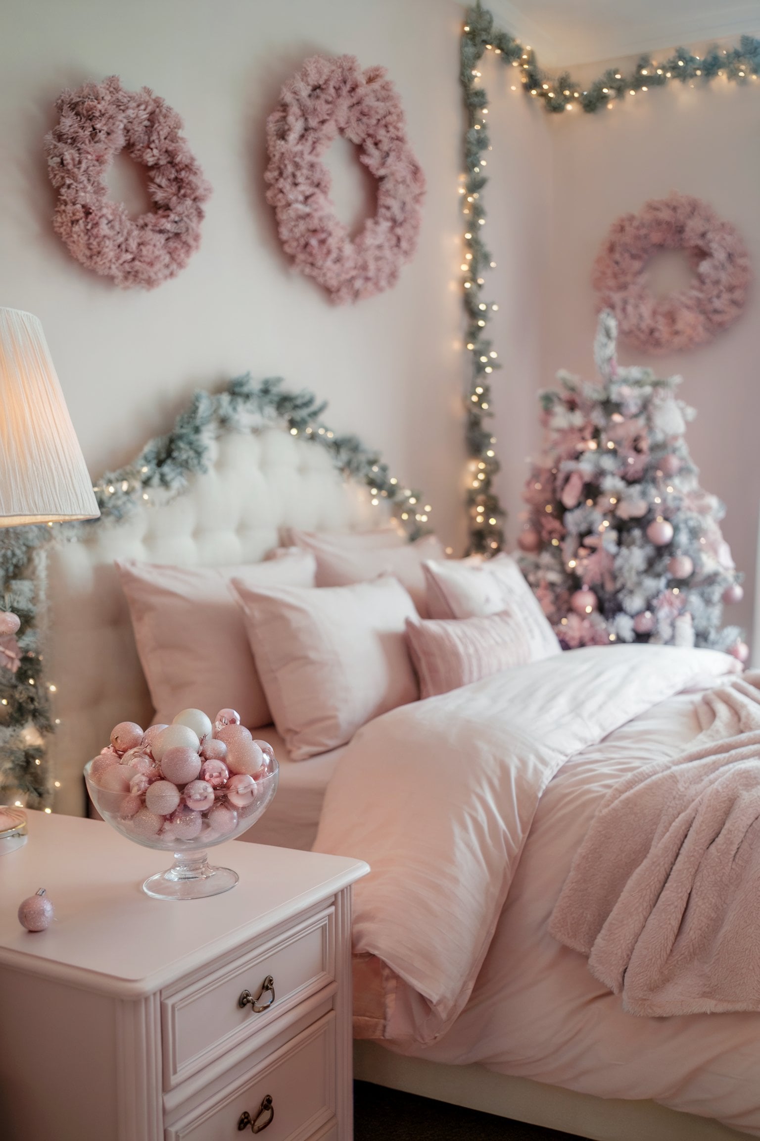 Whimsical Pink Christmas Bedroom with Flocked Tree Whimsical Pink Christmas Bedroom with Flocked Tree — Christmas Bedroom Decor
