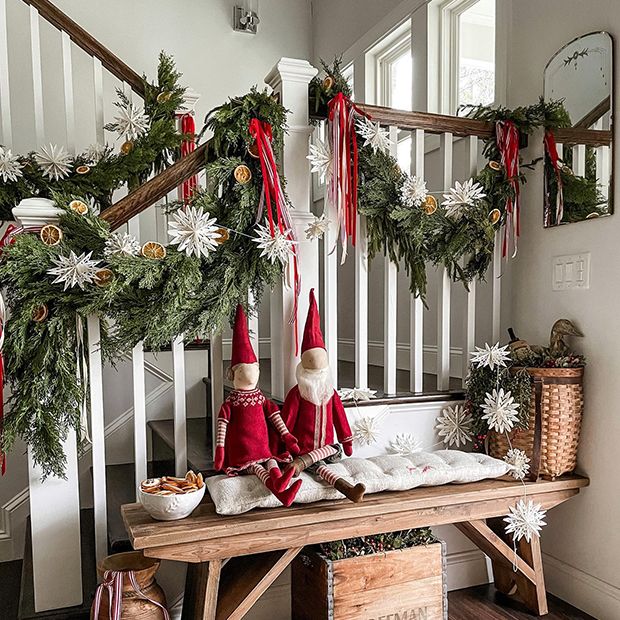 Farmhouse Staircase Garland With Paper Snowflakes and Oranges