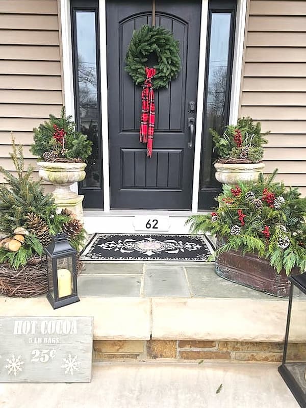 Farmhouse Porch with Black Door, Urn Planters, and Lantern — Farmhouse Christmas Porch