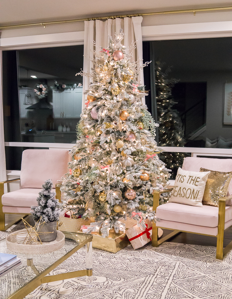Modern Glam Pink and Gold Tree Flanked by Plush Chairs Modern Glam Pink and Gold Tree Flanked by Plush Chairs — Pink and Gold Christmas Tree
