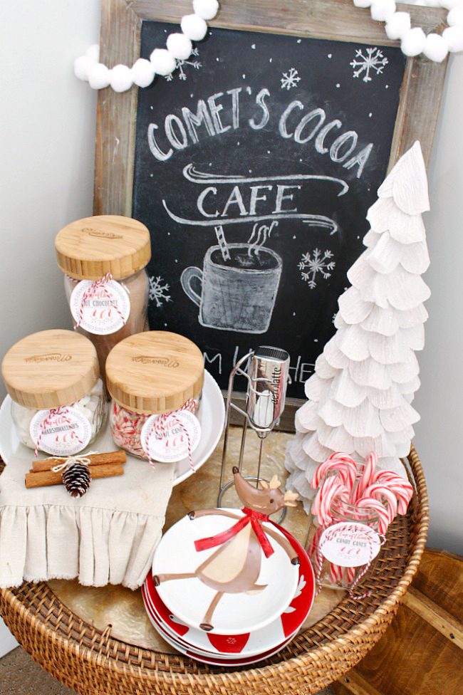 Rustic Hot Cocoa Bar with 'Comet's Cocoa Cafe' Chalkboard Rustic Hot Cocoa Bar with 'Comet's Cocoa Cafe' Chalkboard — Christmas Hot Cocoa Bar