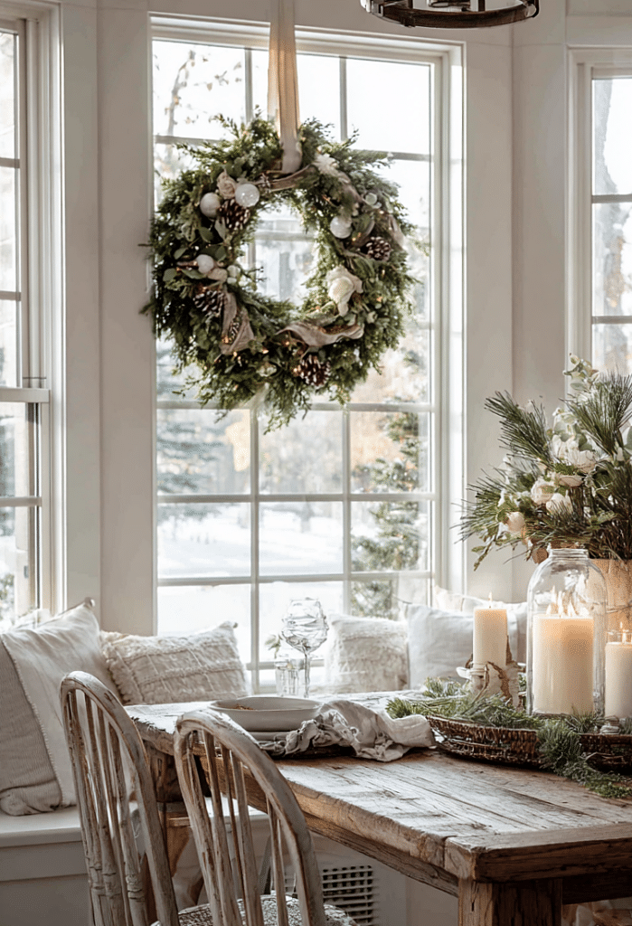 Farmhouse Dining Room with Wreath Above Window Farmhouse Dining Room with Wreath Above Window — Christmas Wreath
