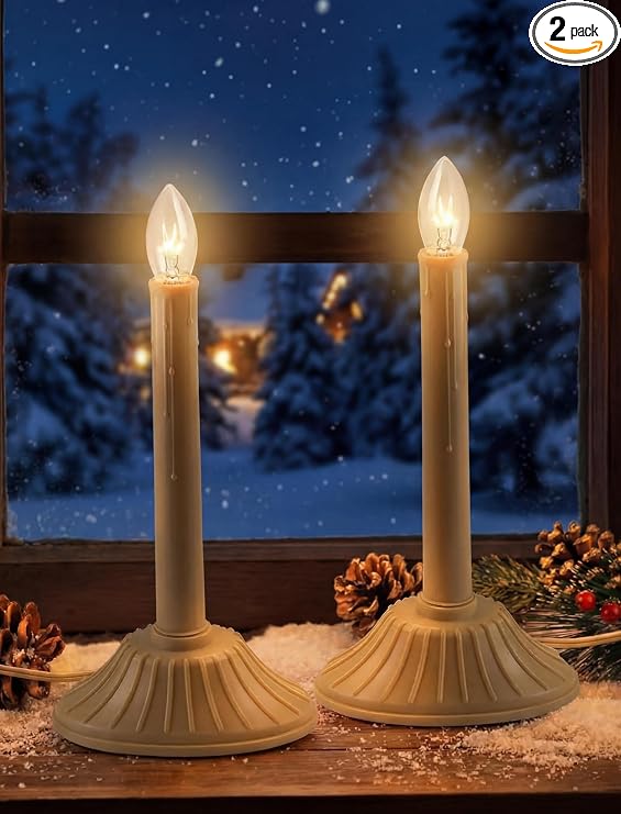 Cream LED Tapers with Pinecones and Snowy Forest View — Christmas Window Candles