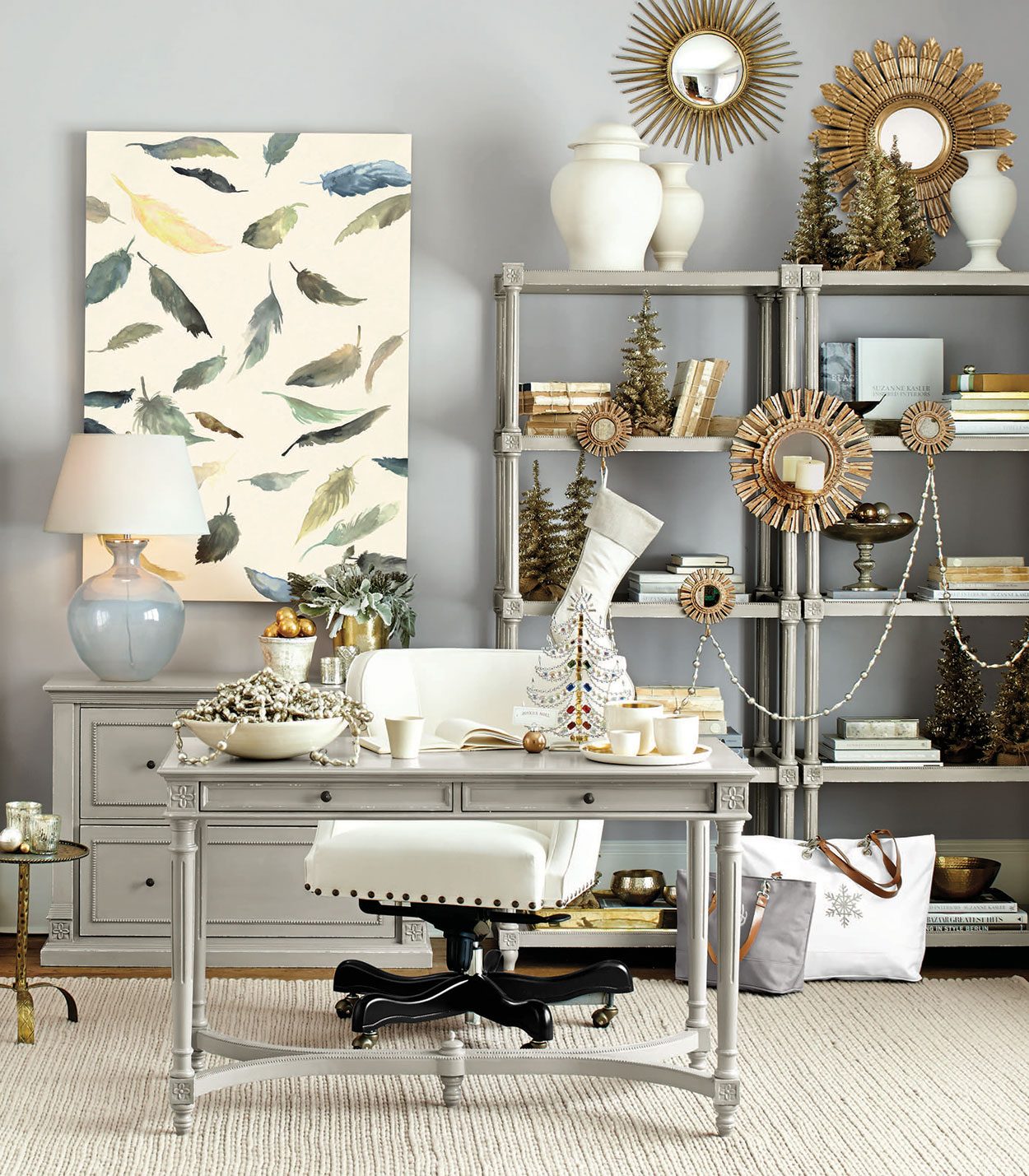 Traditional Home Office with Gold Accents and Mini Trees Traditional Home Office with Gold Accents and Mini Trees — Christmas Home Office Decor