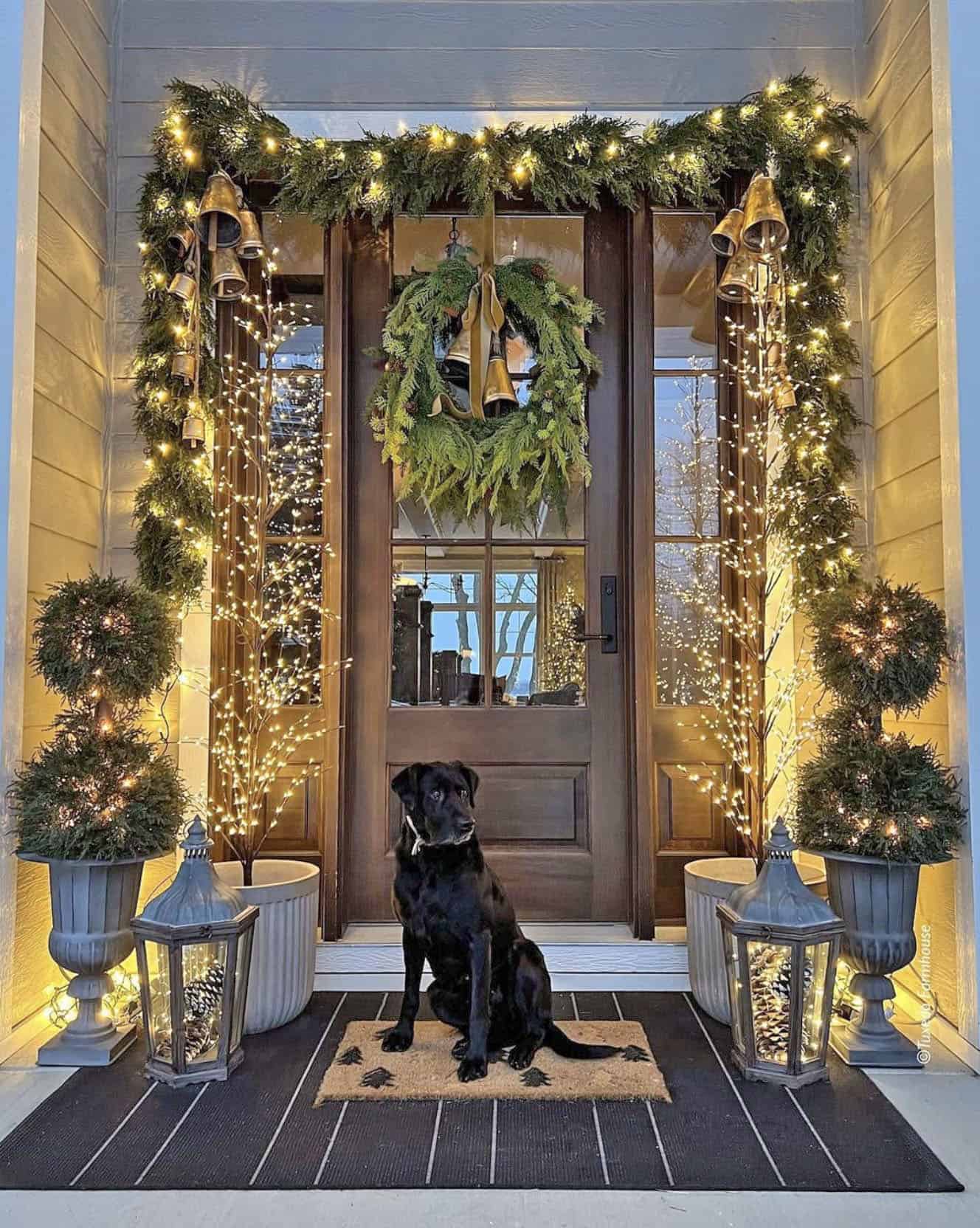 Elegant Porch with Symmetrical Lighting and Greenery — Christmas Porch Decor