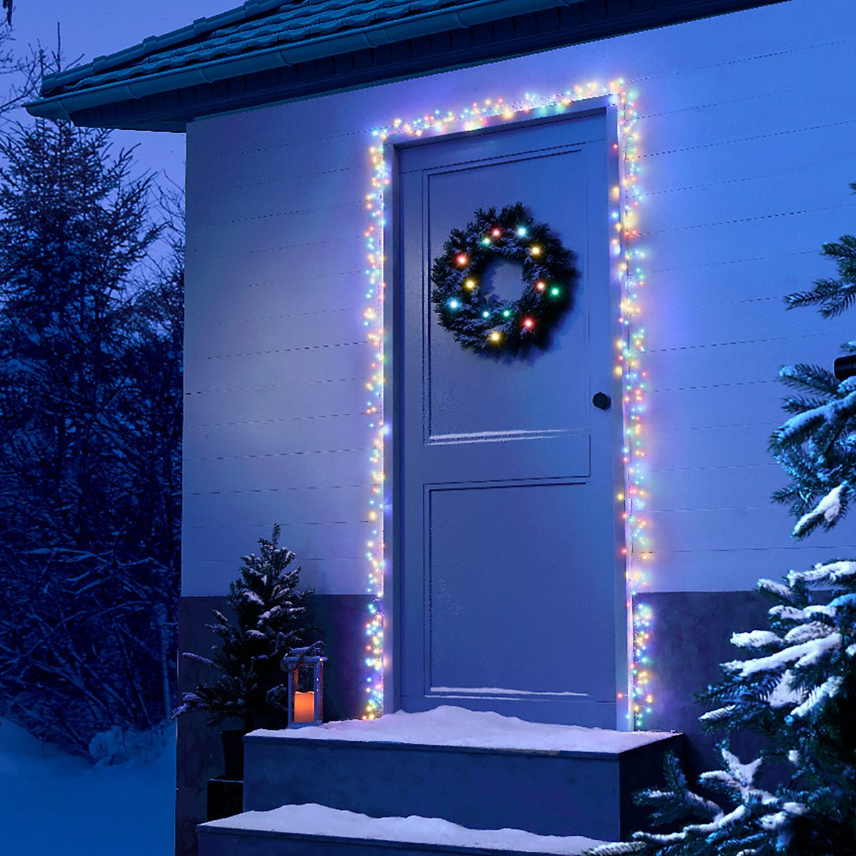 Vibrant Multicolor LED Lights Framing an Outdoor Door — Christmas Door Frame Lights