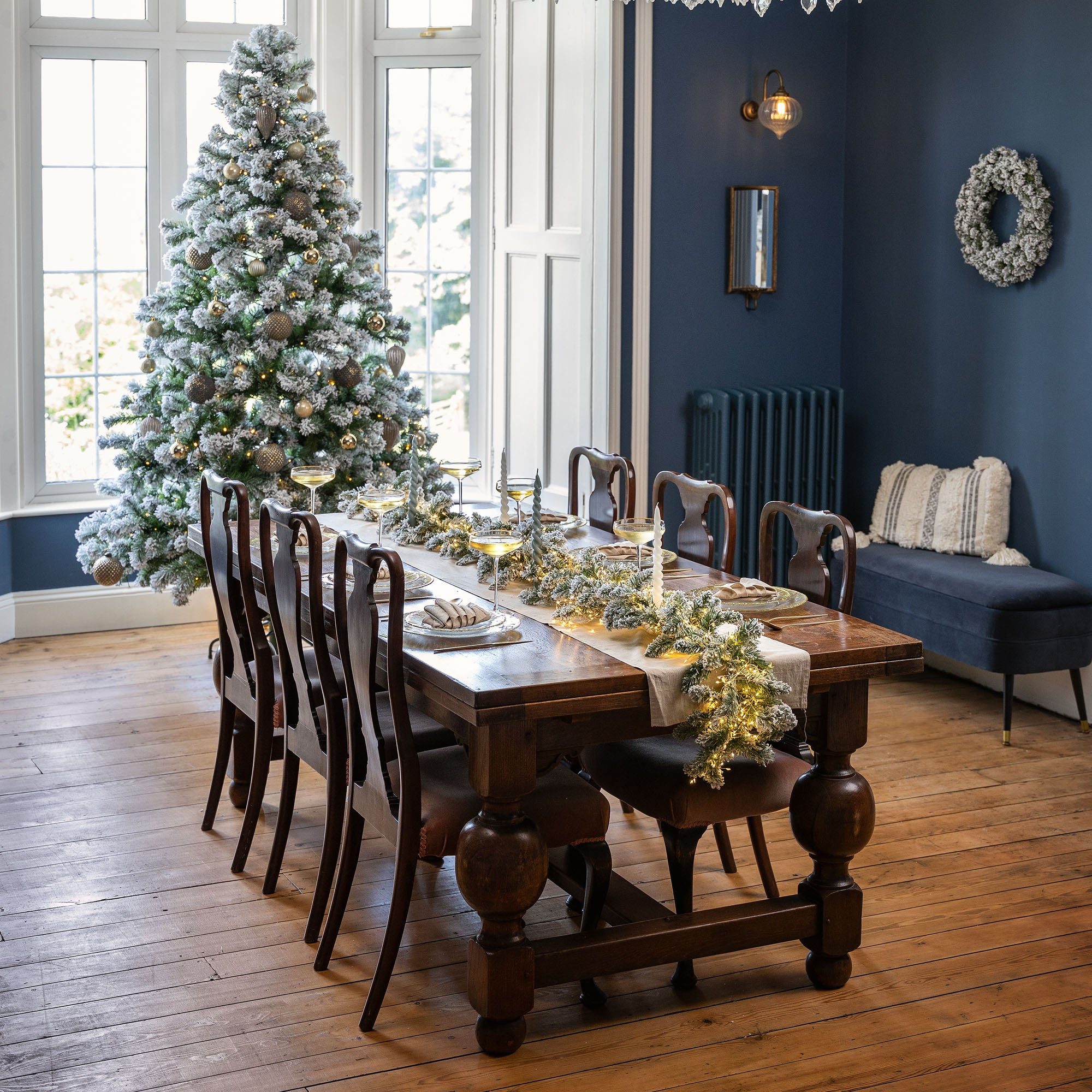 Flocked Christmas Tree in a Formal Dining Room Setting — Flocked Christmas Tree Decor