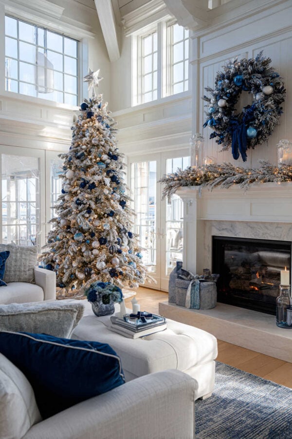 Flocked Coastal Tree with Blue and Silver Decor — Coastal Christmas Tree