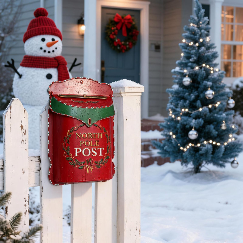 Red 'North Pole Post' Mailbox on a White Picket Fence — Christmas Mailbox Decor