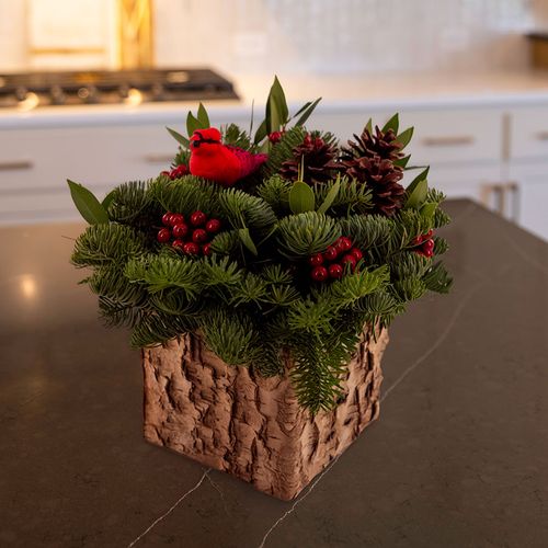 Woodland Planter with a Faux Red Cardinal — Christmas Centerpiece