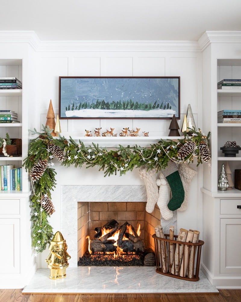Marble Fireplace with Garland, Stars, and Stockings Marble Fireplace with Garland, Stars, and Stockings — Christmas Fireplace Decor