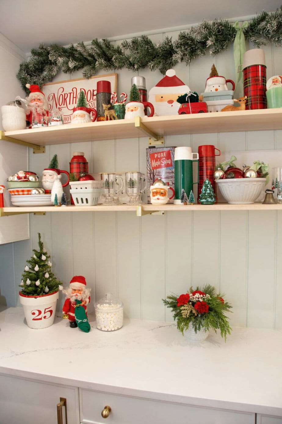 Cottage Kitchen Shelves Overflowing with Festive Figures and Mugs Cottage Kitchen Shelves Overflowing with Festive Figures and Mugs — Christmas Kitchen Decor