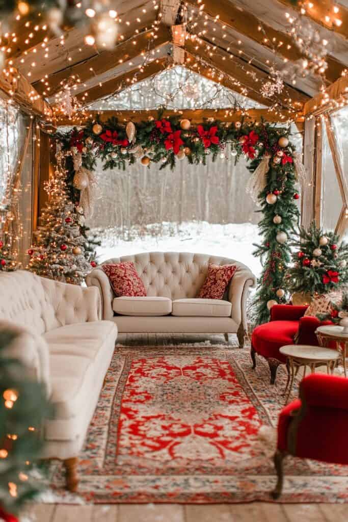 Boho Vintage Lounge with Twinkling String Lights and Trees Boho Vintage Lounge with Twinkling String Lights and Trees — Christmas Wedding Decor