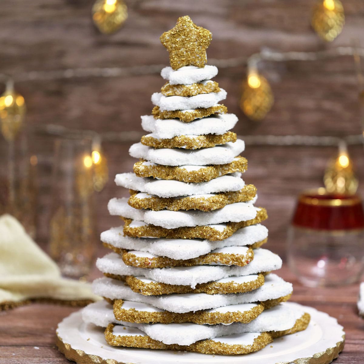 Sparkling Stacked Gingerbread Cookie Tree with Edible Gold Glitter Sparkling Stacked Gingerbread Cookie Tree with Edible Gold Glitter — Gingerbread Christmas Tree