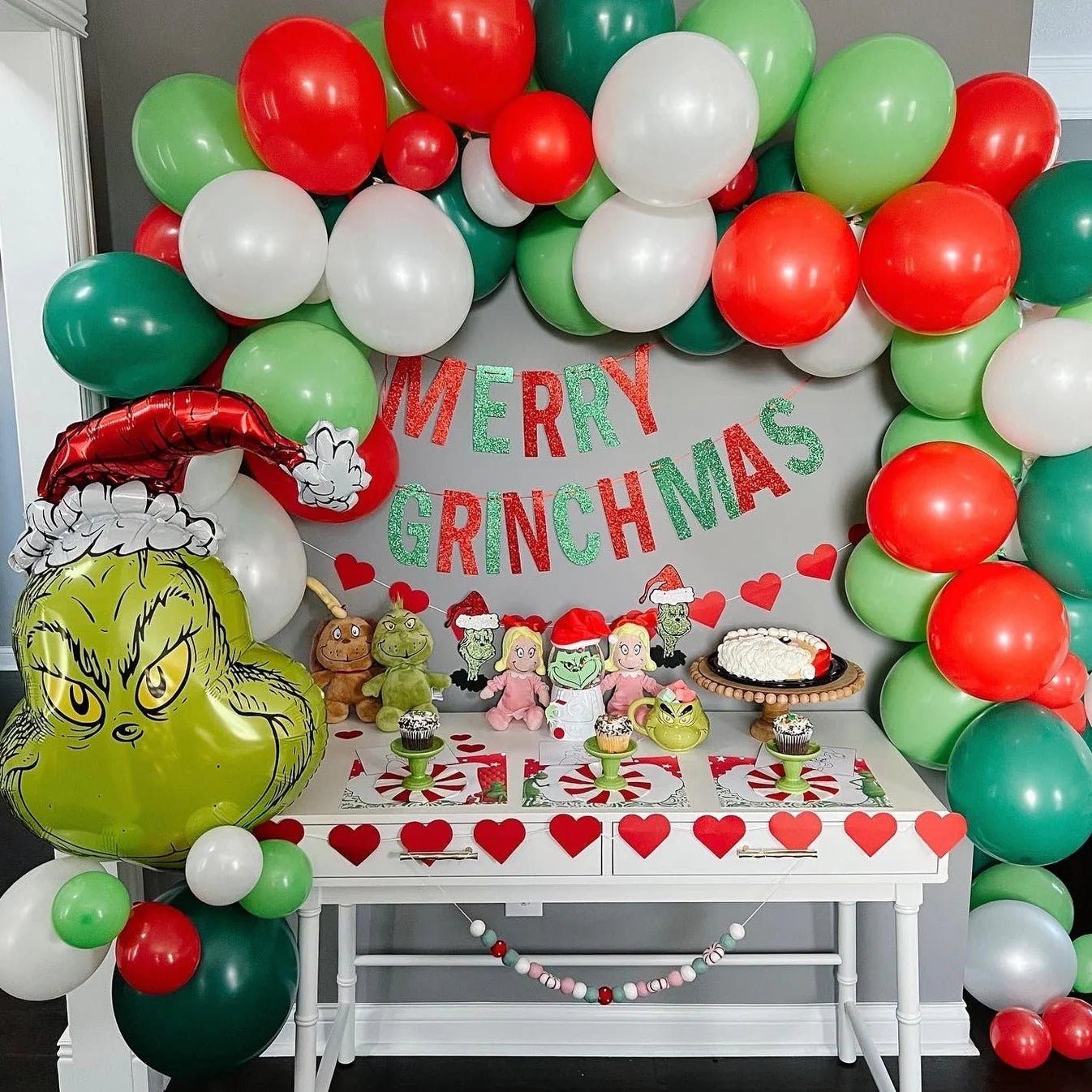 Whimsical 'Merry Grinchmas' Banner and Balloon Arch Backdrop Whimsical 'Merry Grinchmas' Banner and Balloon Arch Backdrop — Christmas Party Backdrop