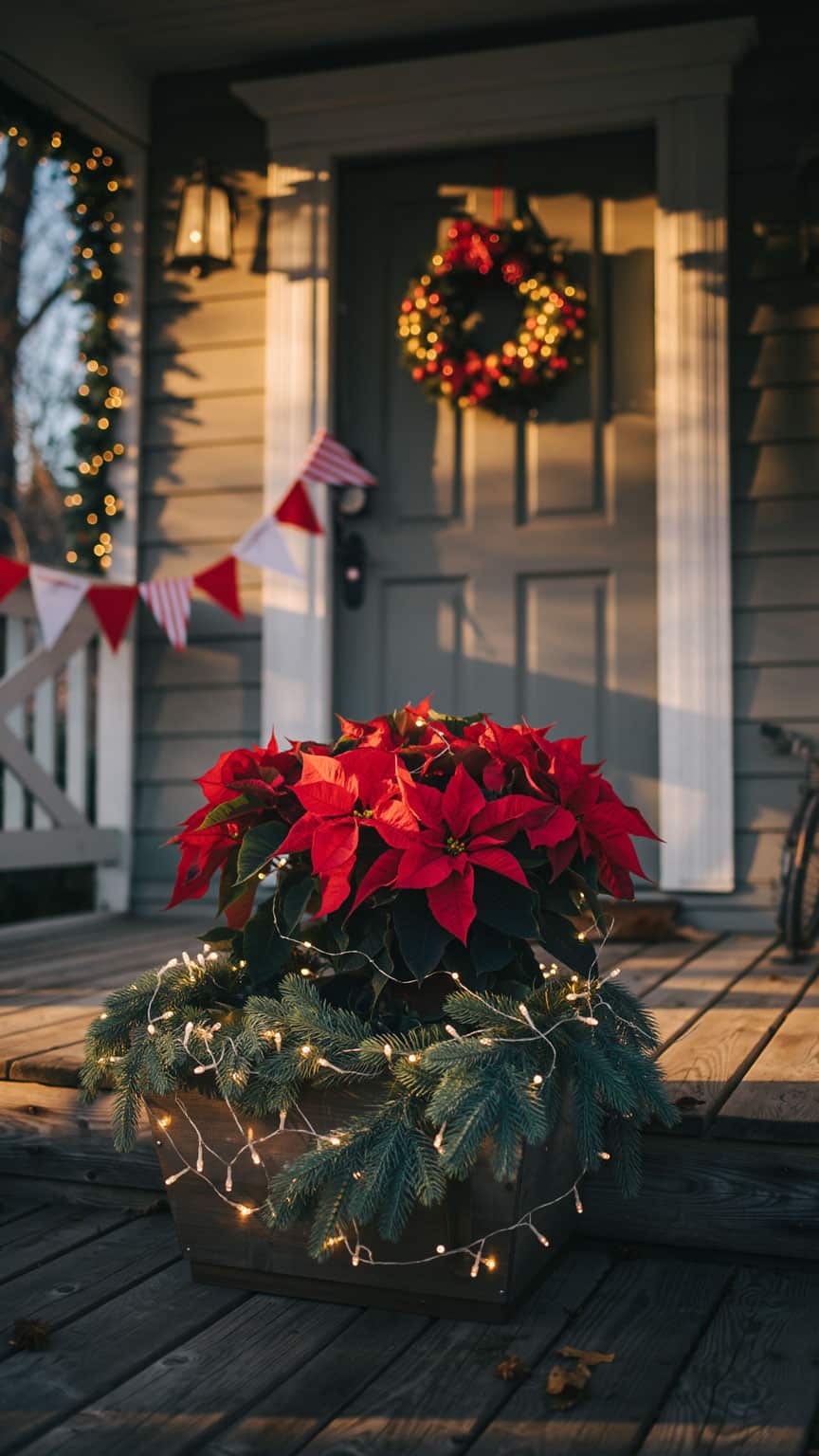 Festive Poinsettia Planter with Twinkling String Lights Festive Poinsettia Planter with Twinkling String Lights — Christmas Porch Planters