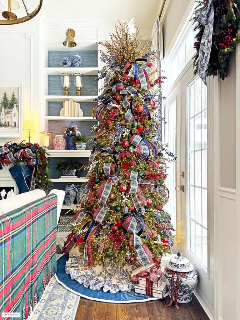 Layered Plaid and Blue Velvet Ribbons on a Tall Tree Layered Plaid and Blue Velvet Ribbons on a Tall Tree — Christmas Tree Ribbon