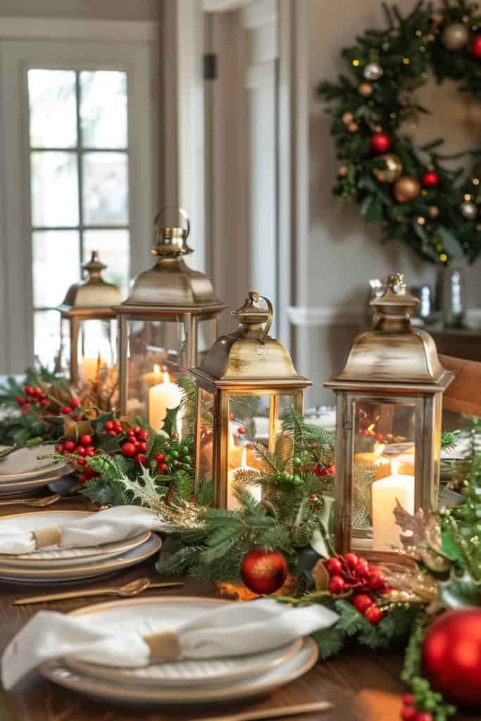 Traditional Gold Lanterns with Evergreen Garland — Christmas Centerpiece