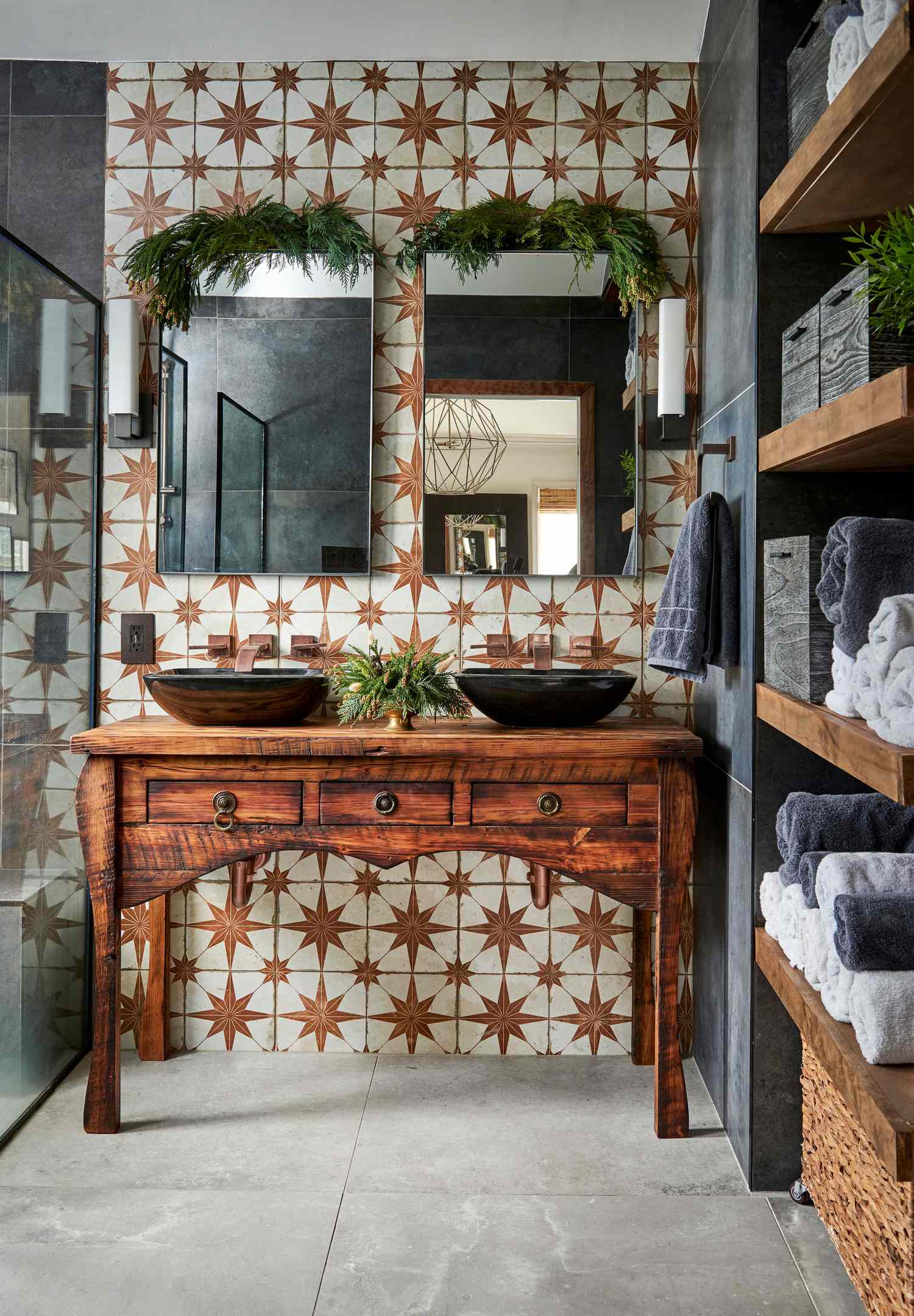 Farmhouse Shelves Displaying Santa Figurines and Jars — Christmas Bathroom Decor