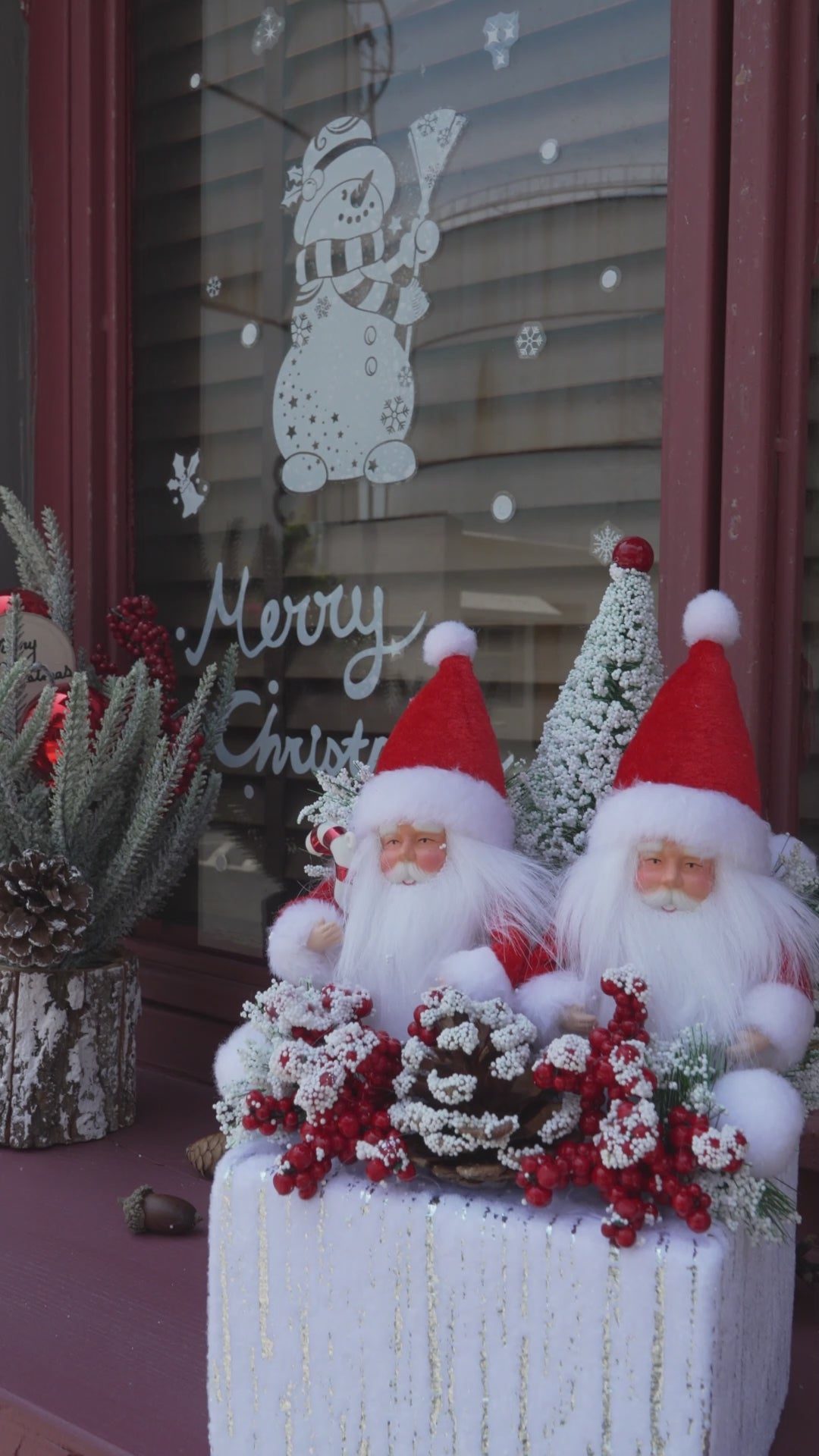 Festive Window Sill Vignette with Santa Figures and Miniature Trees — Christmas Window Decor Outdoor