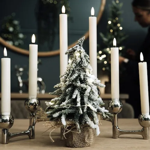 Frosted Christmas Tree with Tall White Candles — Small Christmas Tree Decor