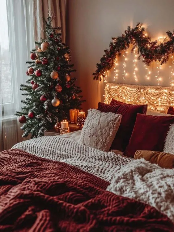 Traditional Christmas Bedroom with Festive Tree and Fairy Light Headboard — Christmas Fairy Lights Headboard