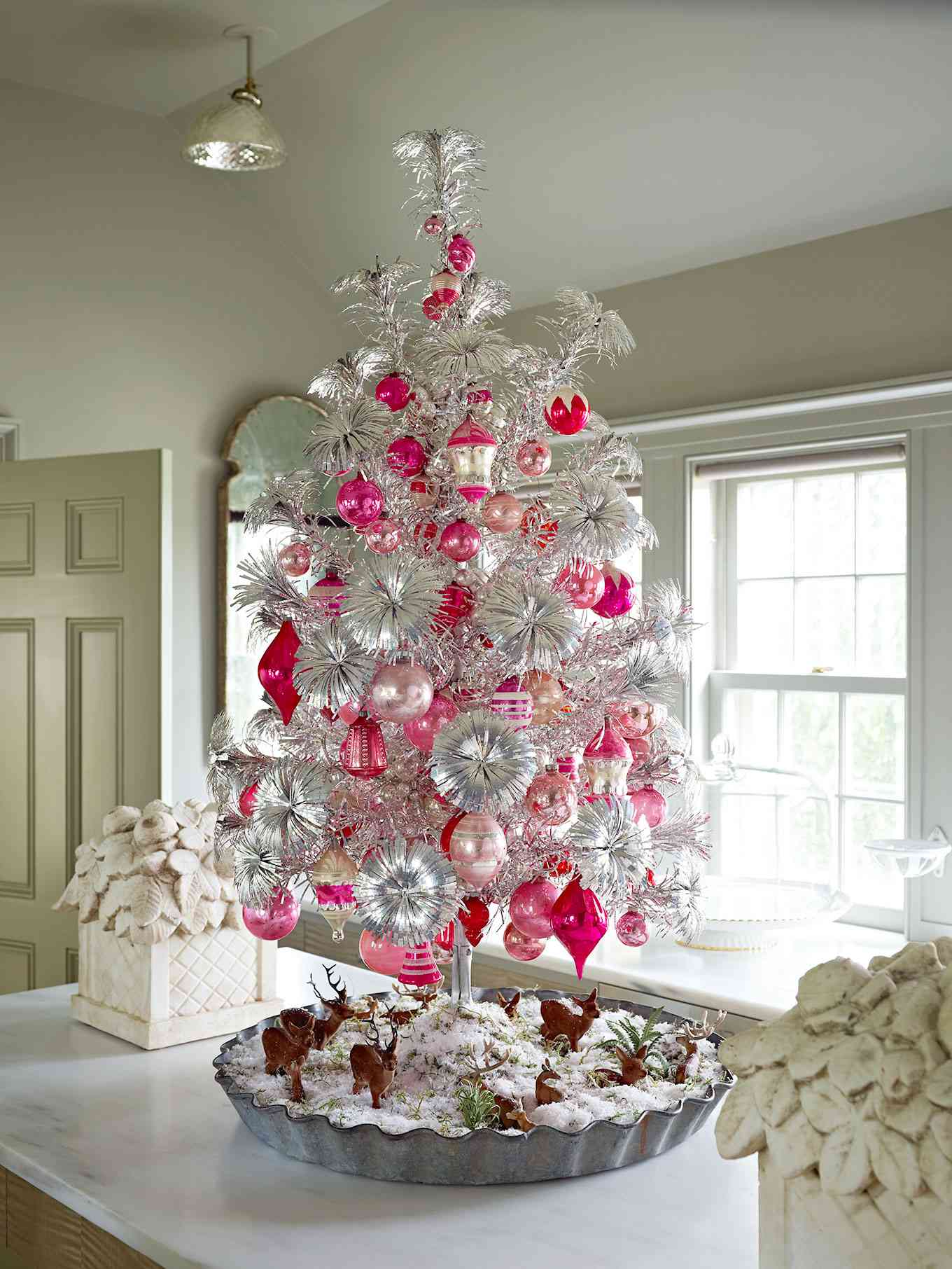 Charming Silver Tinsel Tree with Pink and Red Ornaments on Kitchen Counter — Vintage Christmas Tree