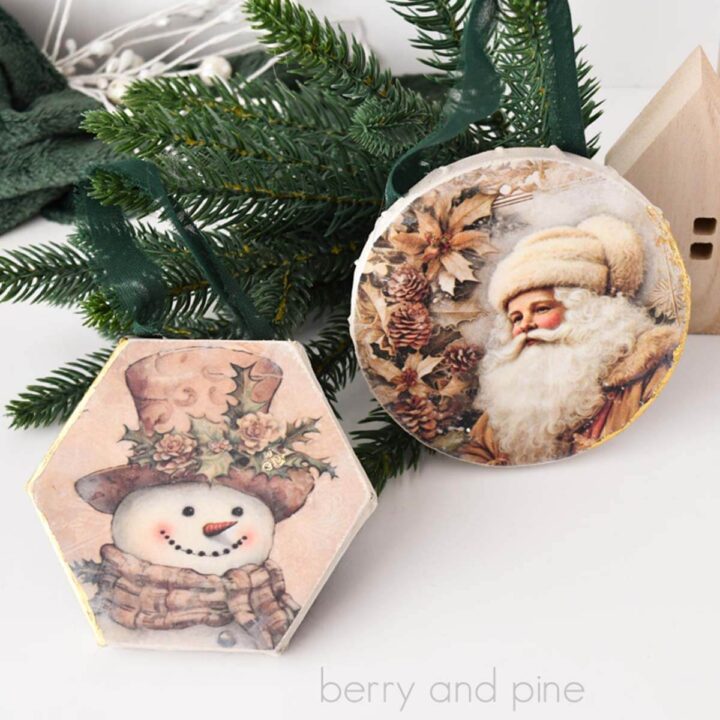 Vintage Decoupage Ornaments with Snowman and Santa — Vintage Christmas Decor