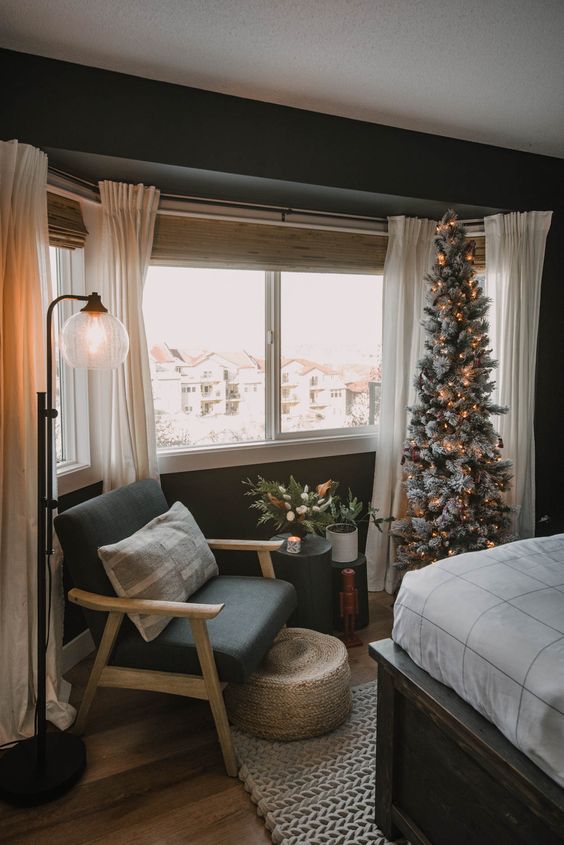 Minimalist Scandi Slim Tree in a Cozy Corner — Slim Christmas Tree Decor