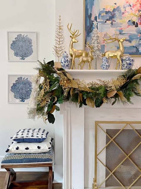 Transitional Mantel with Gold Deer and Festive Greenery — Christmas Mantel Decor