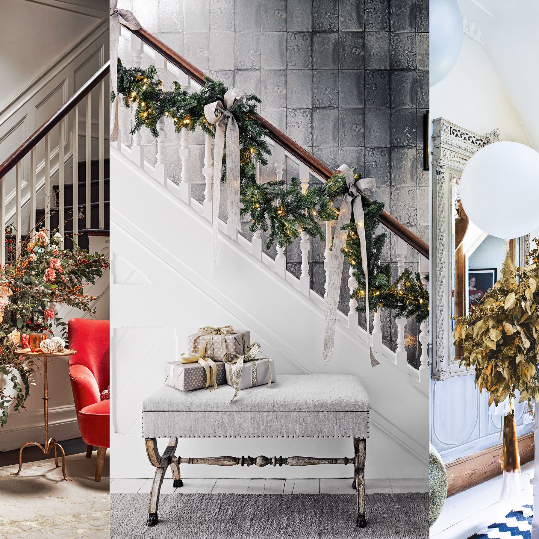 Traditional Staircase with Greenery Garland, Gold Accents, and Red Armchair Traditional Staircase with Greenery Garland, Gold Accents, and Red Armchair — Christmas Staircase Decor