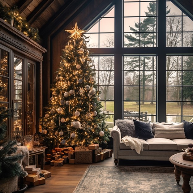 Grand Christmas Tree in a Wood-Paneled Farmhouse Living Room — Farmhouse Christmas Tree