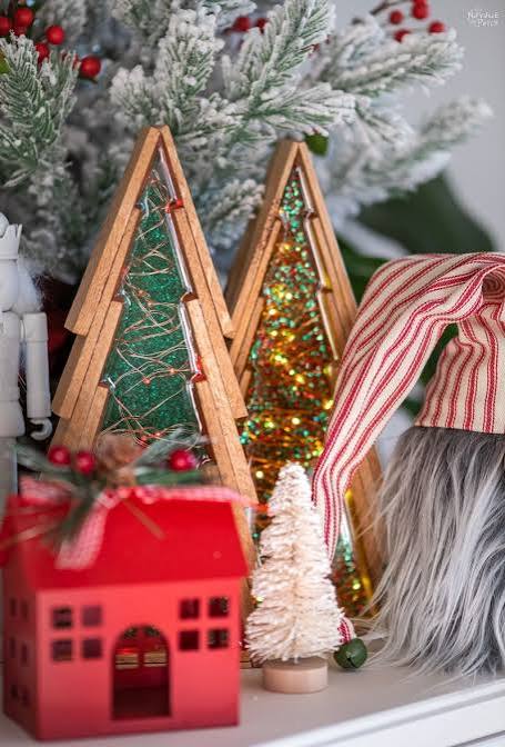 Glitter-Filled Illuminated Wooden Christmas Trees — Dollar Tree Christmas Decor