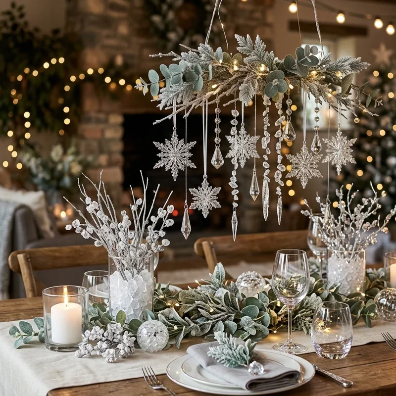 Elegant Dining Table with Hanging Snowflake Centerpiece — Winter Wonderland Christmas Decor