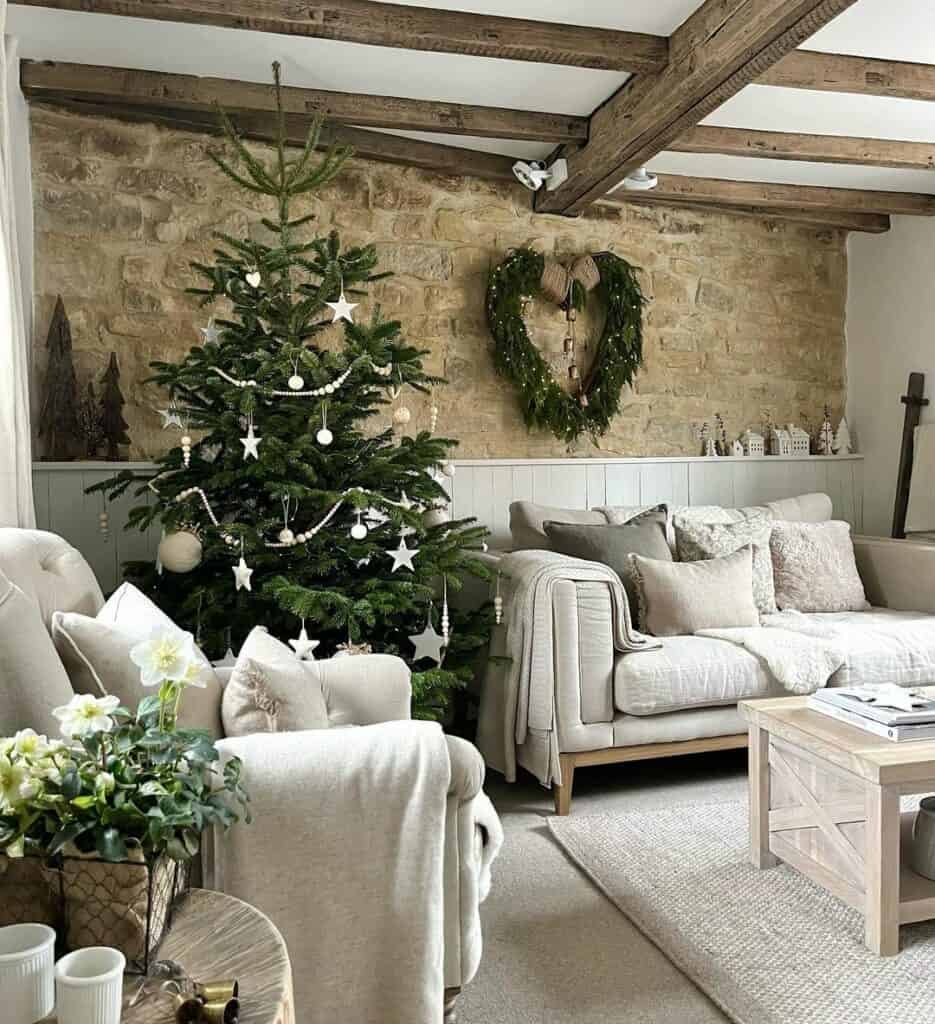 Minimalist Christmas Tree in a Rustic Cottage Lounge — Neutral Christmas Tree