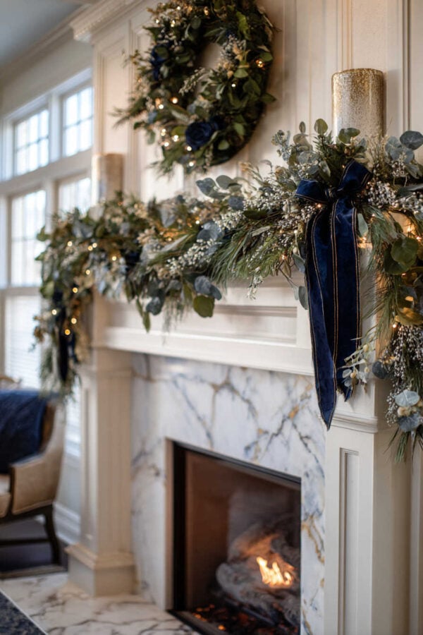 Christmas Garland with Rich Blue Velvet Ribbon — Blue Christmas Decor
