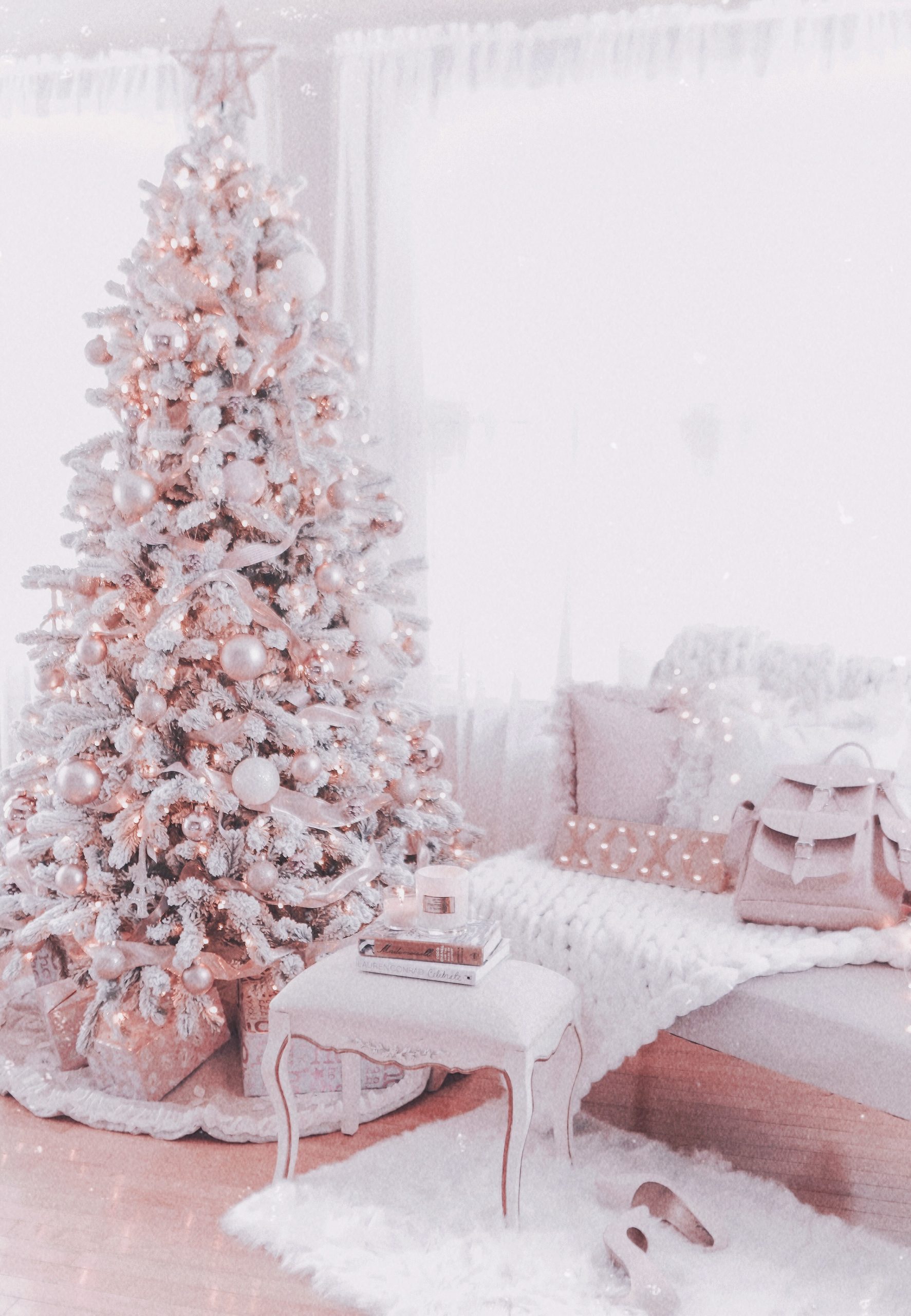Cozy Corner with a Pink Christmas Tree, Knit Textiles, and Plush Pillows Cozy Corner with a Pink Christmas Tree, Knit Textiles, and Plush Pillows — Pink Christmas Decor