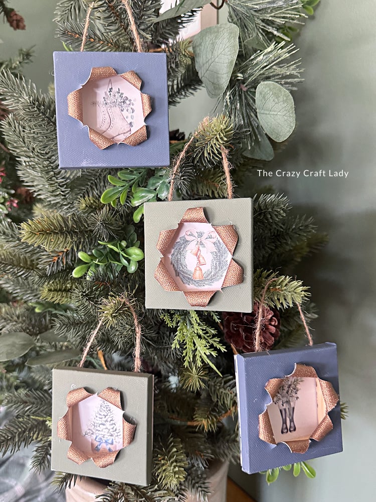 Cottage-Style Mini Canvas Ornaments with Woodland Scenes Cottage-Style Mini Canvas Ornaments with Woodland Scenes — DIY Christmas Ornaments