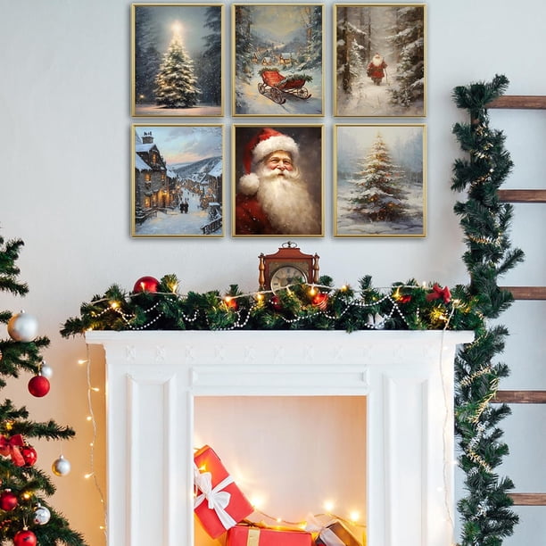 Gallery Wall of Vintage Christmas Art Above Fireplace — Christmas Wall Decor