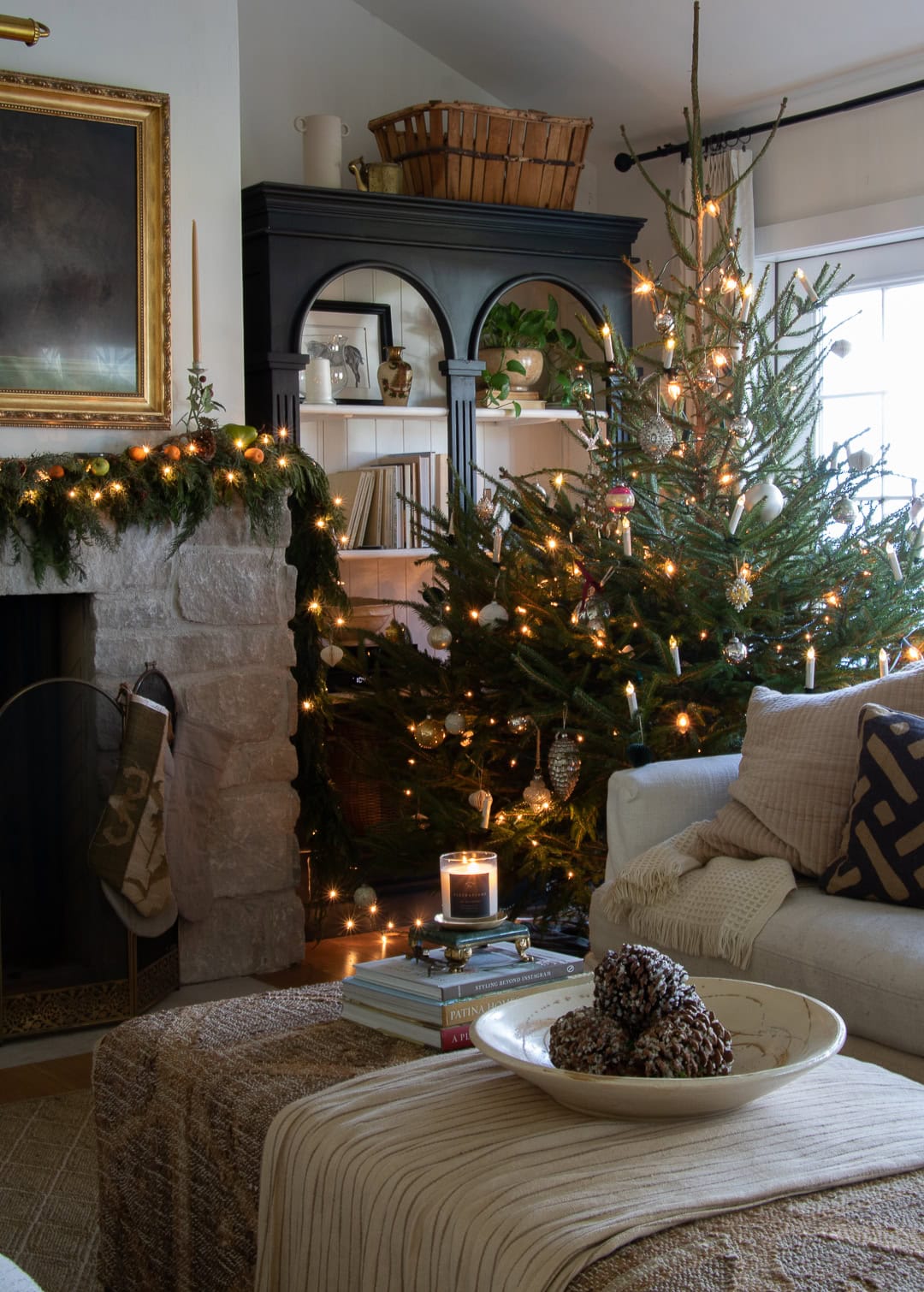 Cozy Living Room Vignette with Fireplace and Tree — Cozy Christmas Decor