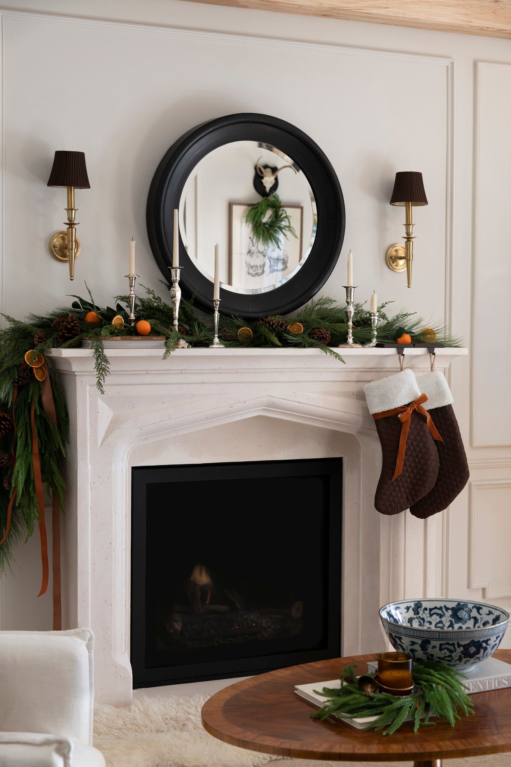 Fireplace Mantel with Burgundy Stockings and Festive Garland Fireplace Mantel with Burgundy Stockings and Festive Garland — Burgundy Christmas Decor