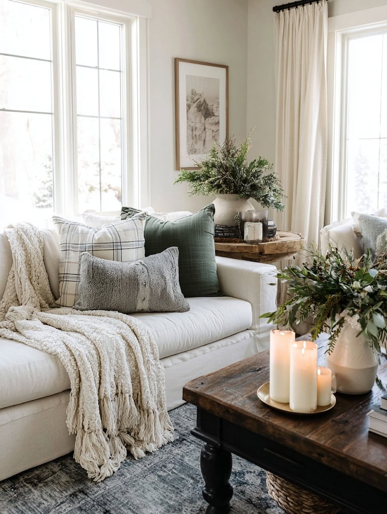 Layered Textures on Sofa and Coffee Table for Winter Warmth — Winter Decor After Christmas