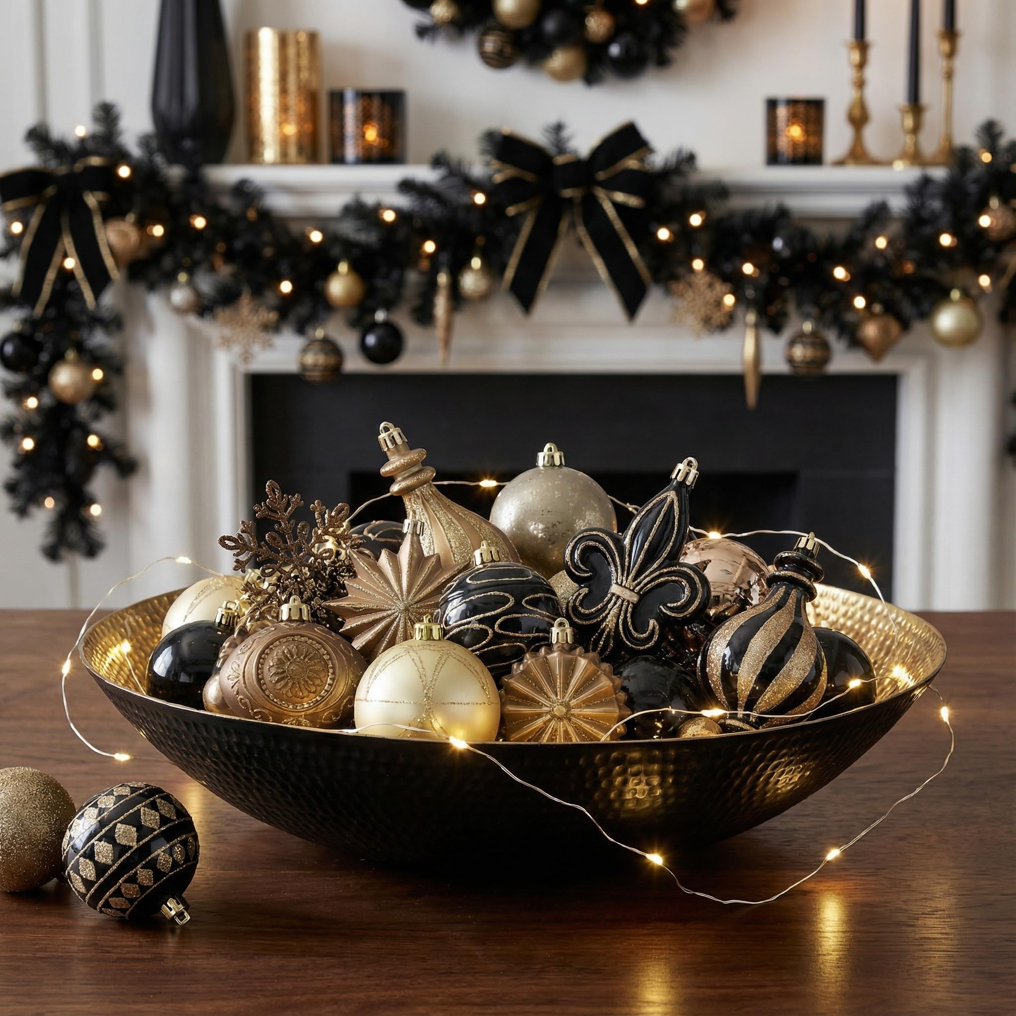 Create a glamorous mantelpiece with a hammered gold ornament display Create a glamorous mantelpiece with a hammered gold ornament display — Gold Christmas Decor