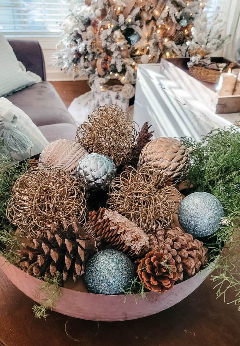Textured Christmas Centerpiece in a Large Bowl — Rustic Christmas Decor