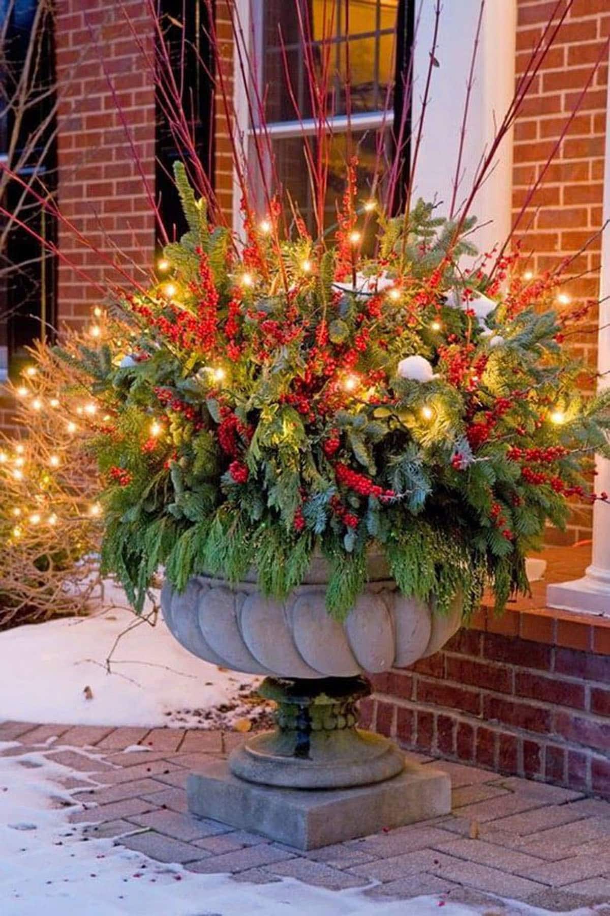 Fairytale Christmas Urn with Fairy Lights and Faux Snow Fairytale Christmas Urn with Fairy Lights and Faux Snow — Christmas Porch Planters