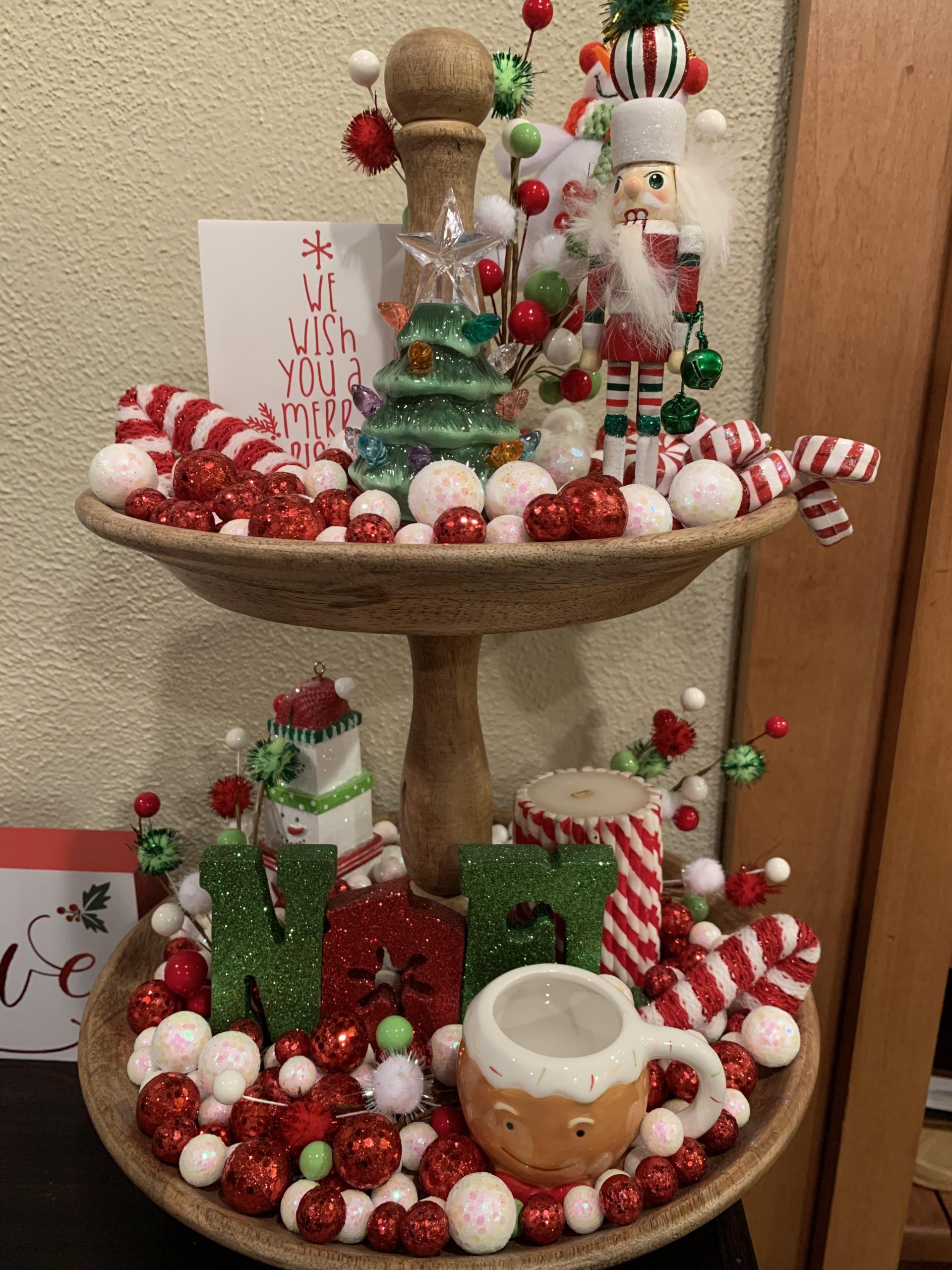 Abundant Small Ornaments on a Two-Tiered Wooden Tray — Christmas Tiered Tray