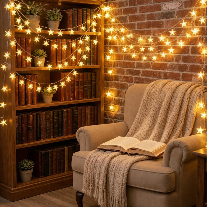 Living Room Star Shaped Fairy Lights on a Brick Wall with Bookshelf Living Room Star Shaped Fairy Lights on a Brick Wall with Bookshelf — Christmas Fairy Lights Wall