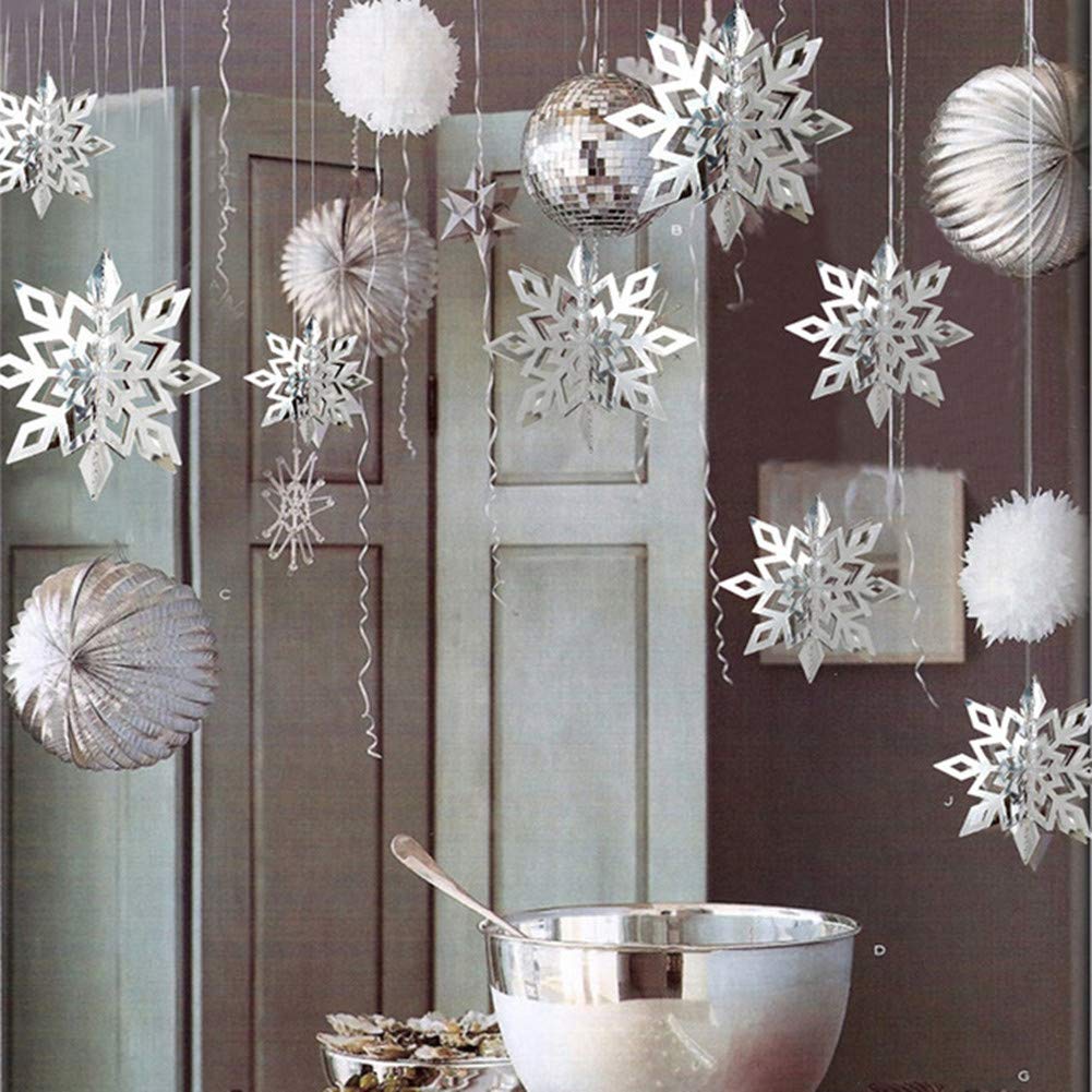 Hanging Silver and White Paper Snowflakes for a Party Atmosphere